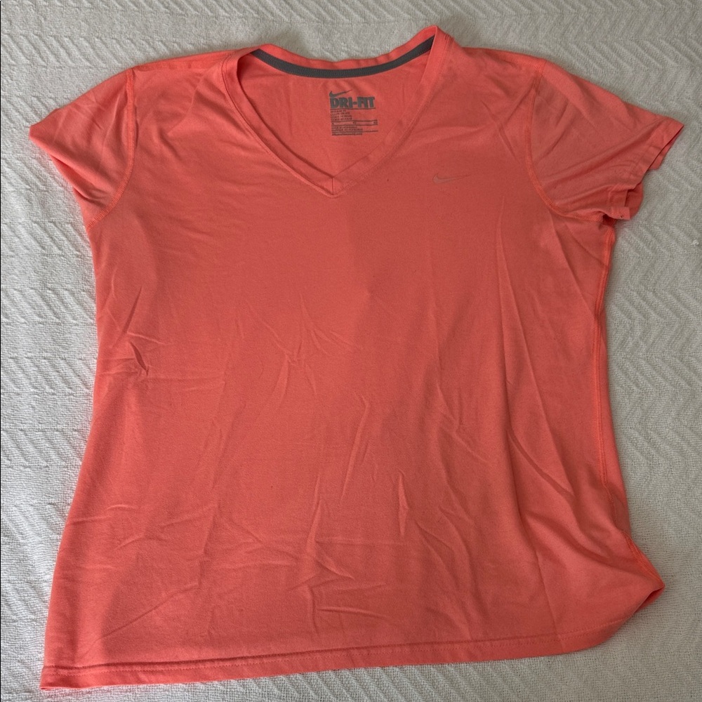 Nike Coral-Orange V-Neck Short Sleeve Dri-FIT Top